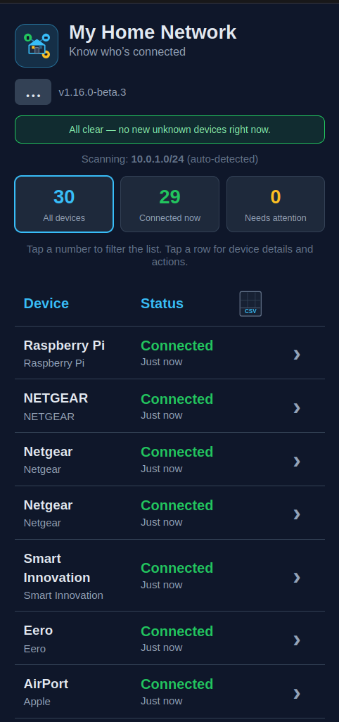 Mobile view of the device dashboard